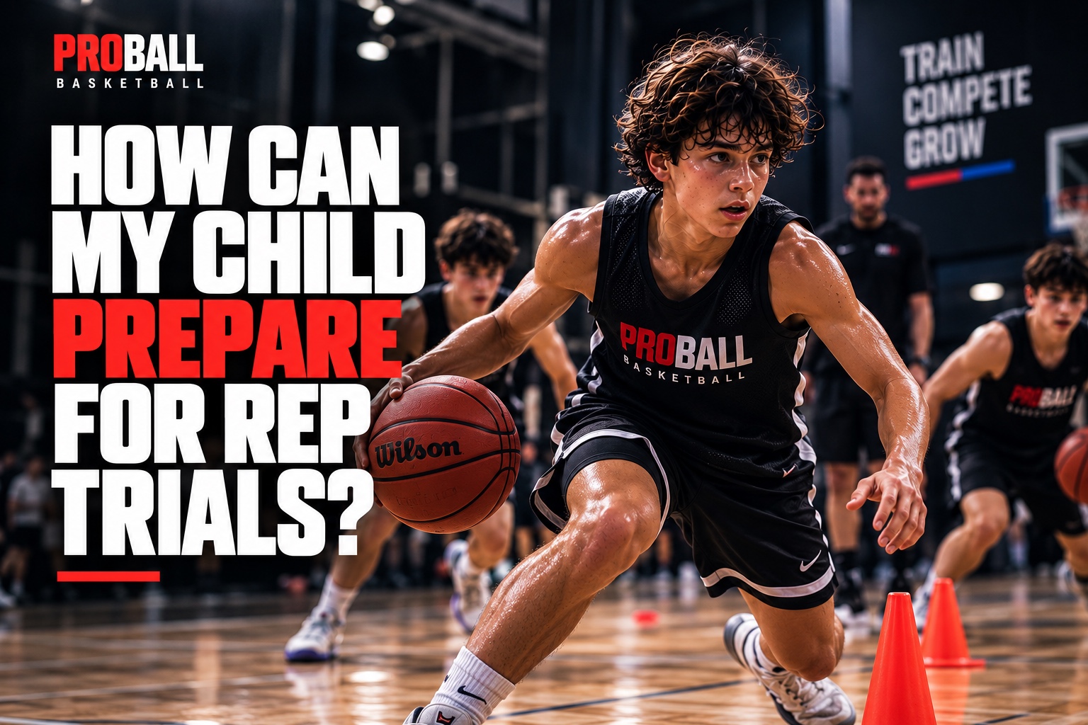 ProBall junior basketball player training with a basketball and cones in Sydney, preparing for representative basketball trials through skills, fitness and game-focused practice.